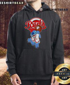 Cute Stitch play baseball in Cincinnati Reds hoodie, showcasing team spirit and adorable design for fans.