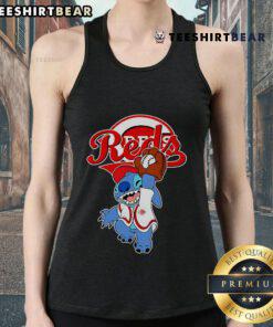Alt Text: Cute Stitch playing baseball in a Cincinnati Reds tank top, perfect for fans and summer wear.