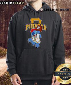 Alt Text: Cute Stitch wearing a Pittsburgh Pirates hoodie, playfully holding a baseball, perfect for fans and collectors.