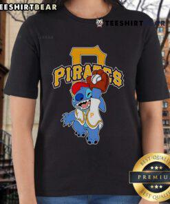 Cute Stitch playing baseball in a Pittsburgh Pirates ladies tee, perfect for fans of MLB and stylish sportswear.