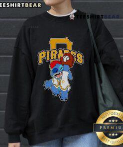 Alt Text: Cute Stitch plays baseball in a Pittsburgh Pirates sweatshirt, showcasing team spirit and playful design.