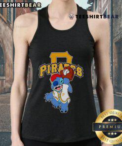 Alt Text: Cute Stitch playing baseball in a Pittsburgh Pirates tank top, perfect for fans and summer sports activities.