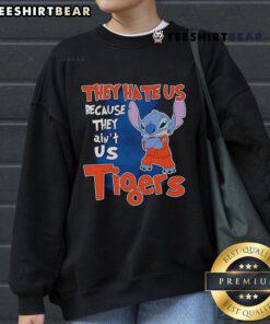 Alt Text: Cute Stitch They Hate Us Because They Ain't Us Detroit Tigers sweatshirt in vibrant blue, perfect for fans.
