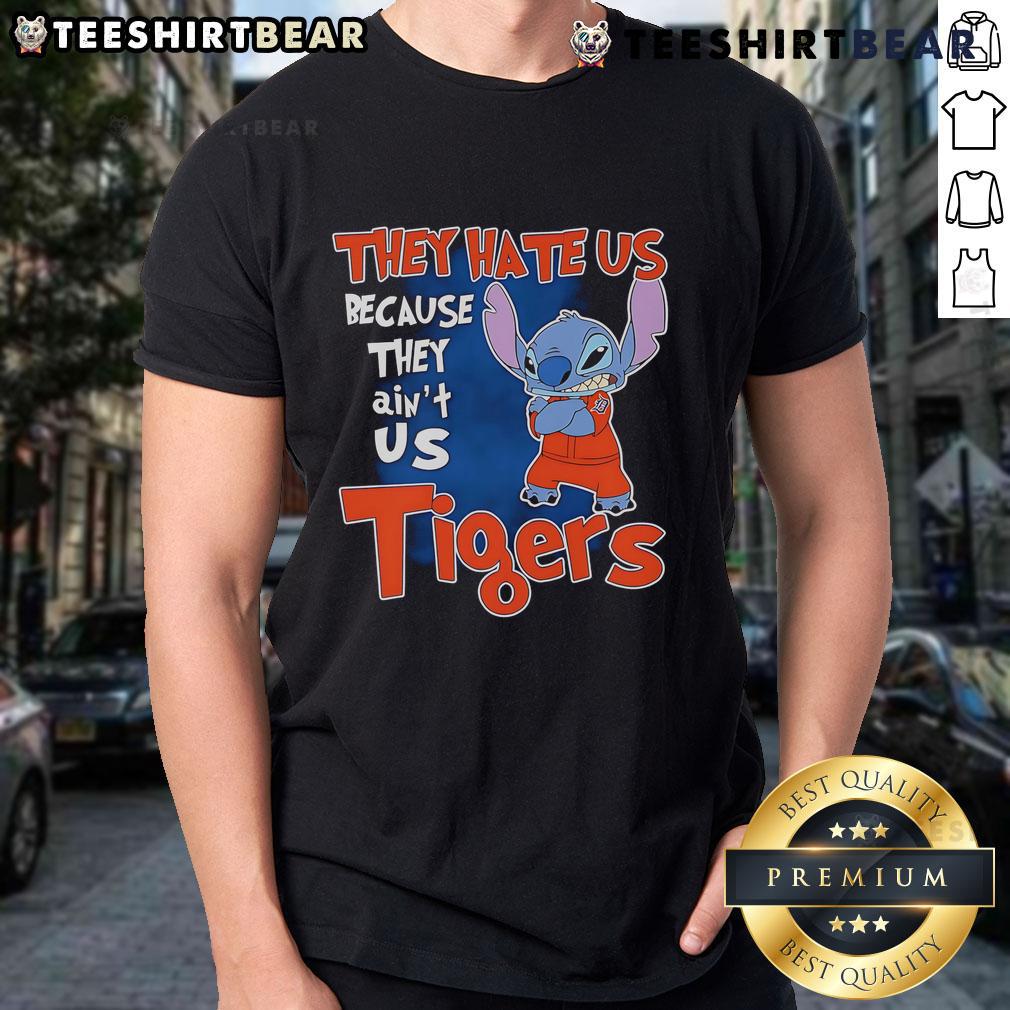 Alt Text: Cute Stitch Detroit Tigers T-Shirt with 'They Hate Us Because They Ain't Us' design, perfect for baseball fans.