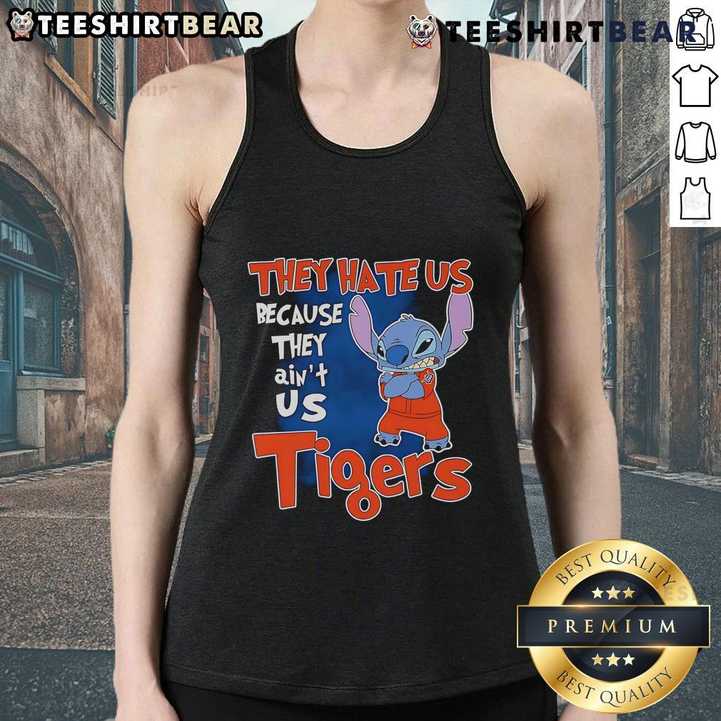 Alt Text: Cute Stitch Detroit Tigers tank top with 'They Hate Us Because They Ain't Us' slogan, perfect for baseball fans.