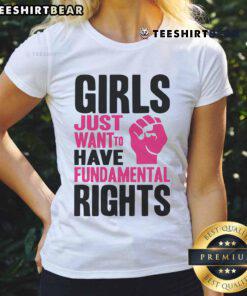 Funny girl at a protest wearing a tee that says 'Just Want to Have Fundamental Rights' showcasing activism and humor.