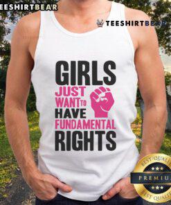 Funny girl wearing 'Just Want to Have Fundamental Rights' tank top at a lively protest for women's rights.