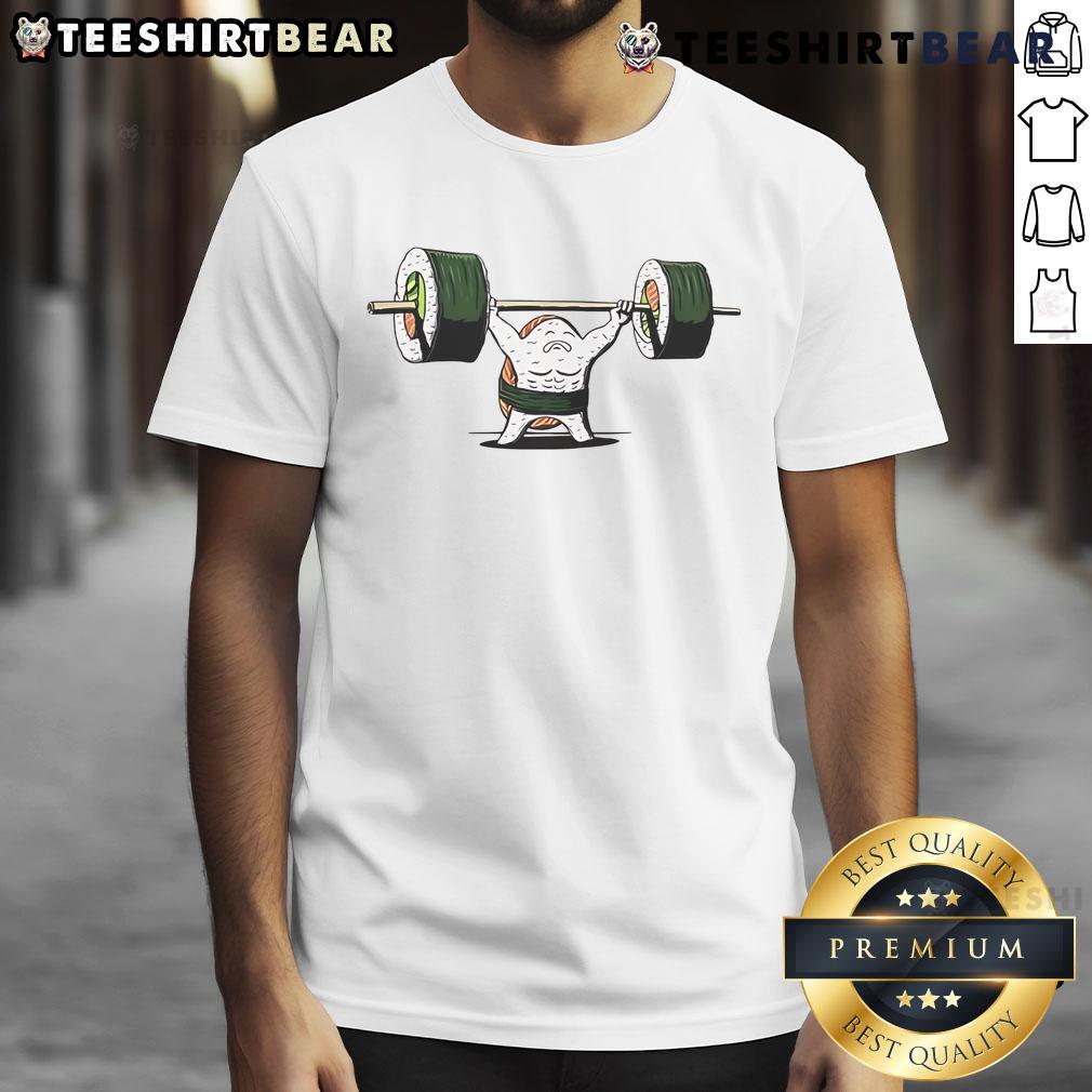 Funny healthy food gym t-shirt featuring vibrant graphics of fruits and vegetables, perfect for fitness enthusiasts.