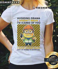 Funny Minion graphic tee with text about avoiding drama, showcasing humor and anger issues, perfect for casual wear.