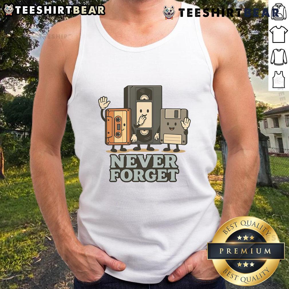 Funny Never Forget 90s Retro Tech Cartoon Tank Top featuring nostalgic graphics and vibrant colors perfect for vintage style lovers.