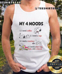 Funny Snoopy tank top featuring 'My 4 Moods: I Need Coffee, I Need A Nap, I Need A Vacation' design.