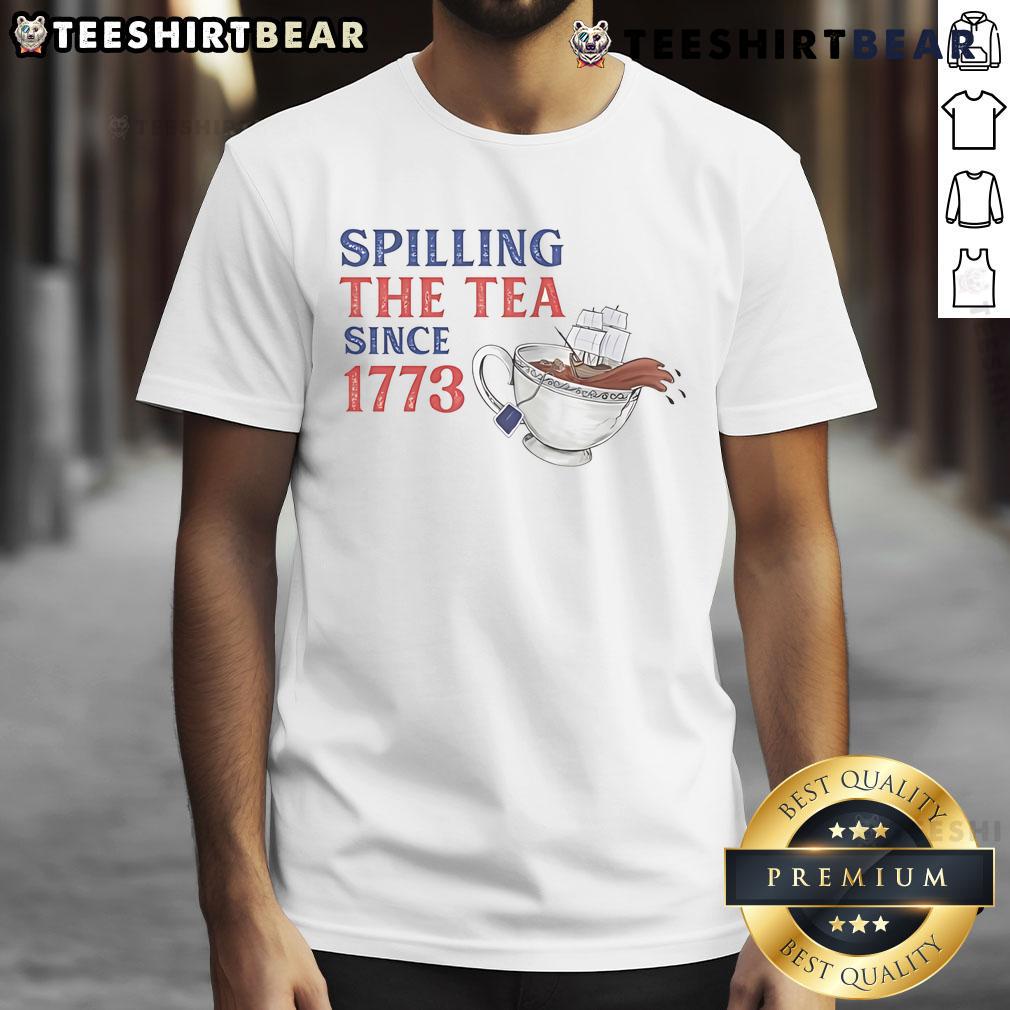 Funny 'Spilling The Tea Since 1773' T-shirt design featuring playful graphics and a humorous take on history.