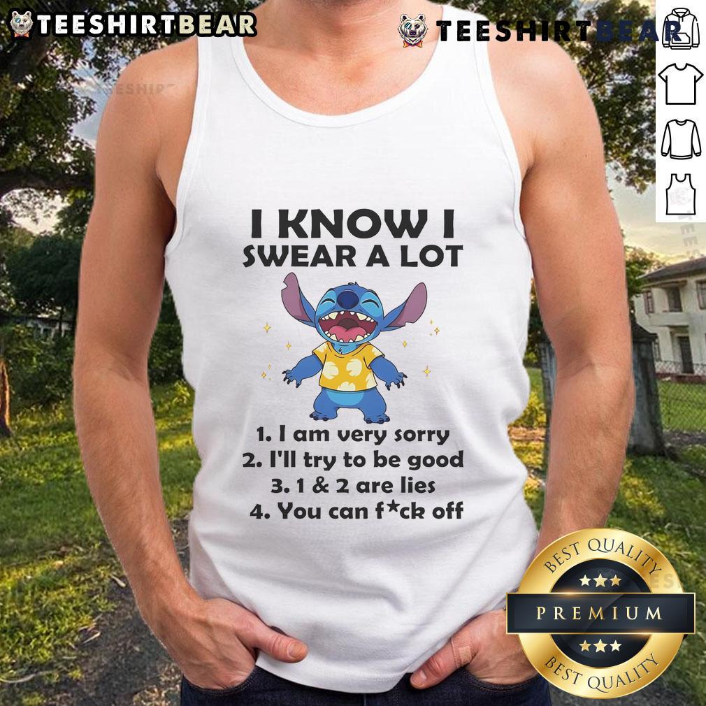 Alt Text: Funny Stitch tank top with 'I know I swear a lot, I'm very sorry, I'll try to be good' design for casual wear.