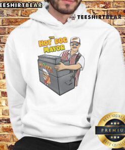 Funny Hot Dog Mayor Hoodie featuring a whimsical cartoon hot dog in a mayor's outfit, perfect for quirky fashion lovers.
