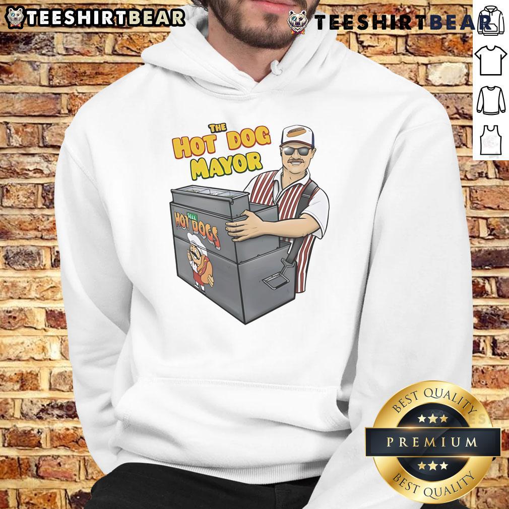 Funny Hot Dog Mayor Hoodie featuring a whimsical cartoon hot dog in a mayor's outfit, perfect for quirky fashion lovers.
