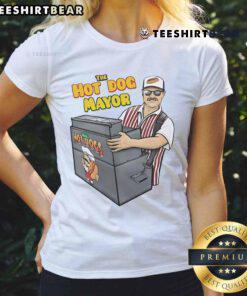 Funny The Hot Dog Mayor Ladies Tee featuring a whimsical hot dog graphic, perfect for casual outings and food lovers.