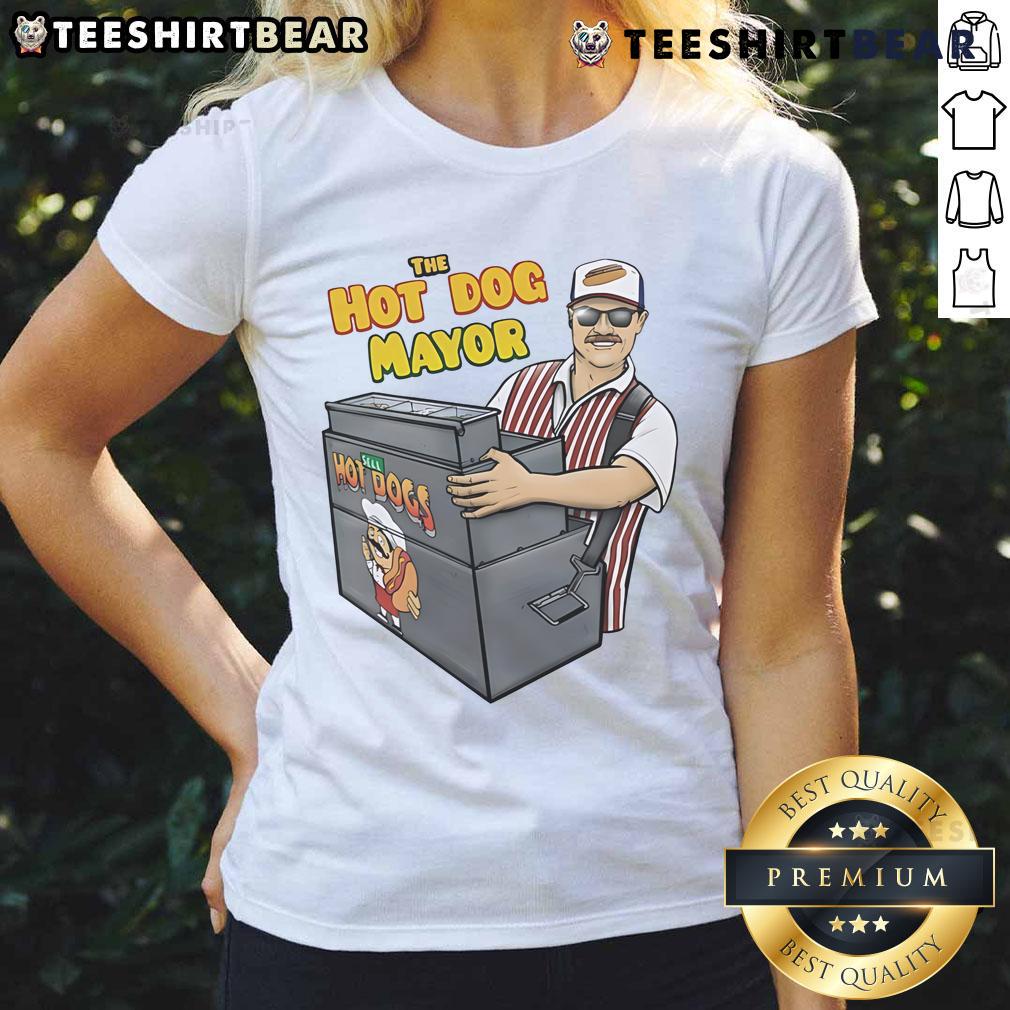 Funny The Hot Dog Mayor Ladies Tee featuring a whimsical hot dog graphic, perfect for casual outings and food lovers.