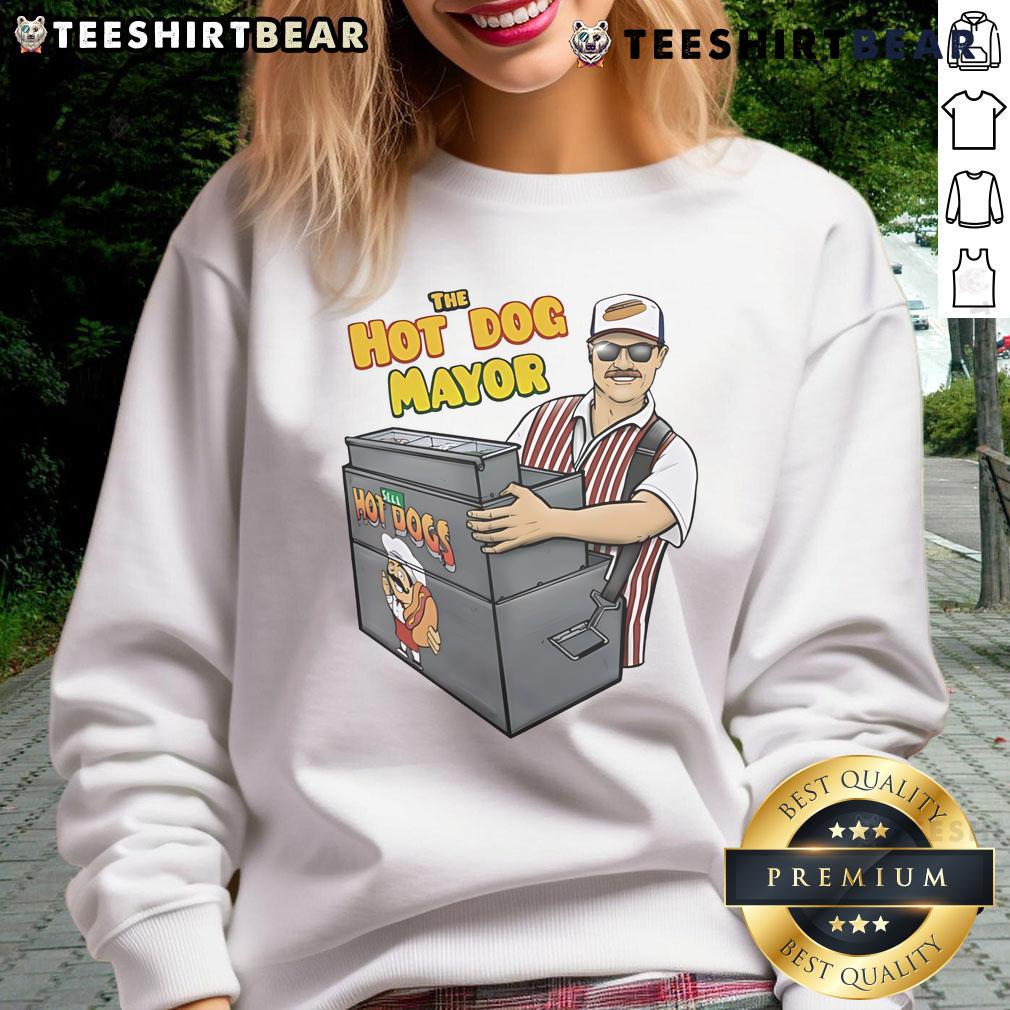 Funny hot dog mayor sweatshirt featuring a whimsical graphic of a hot dog in a mayor's outfit, perfect for quirky fashion.