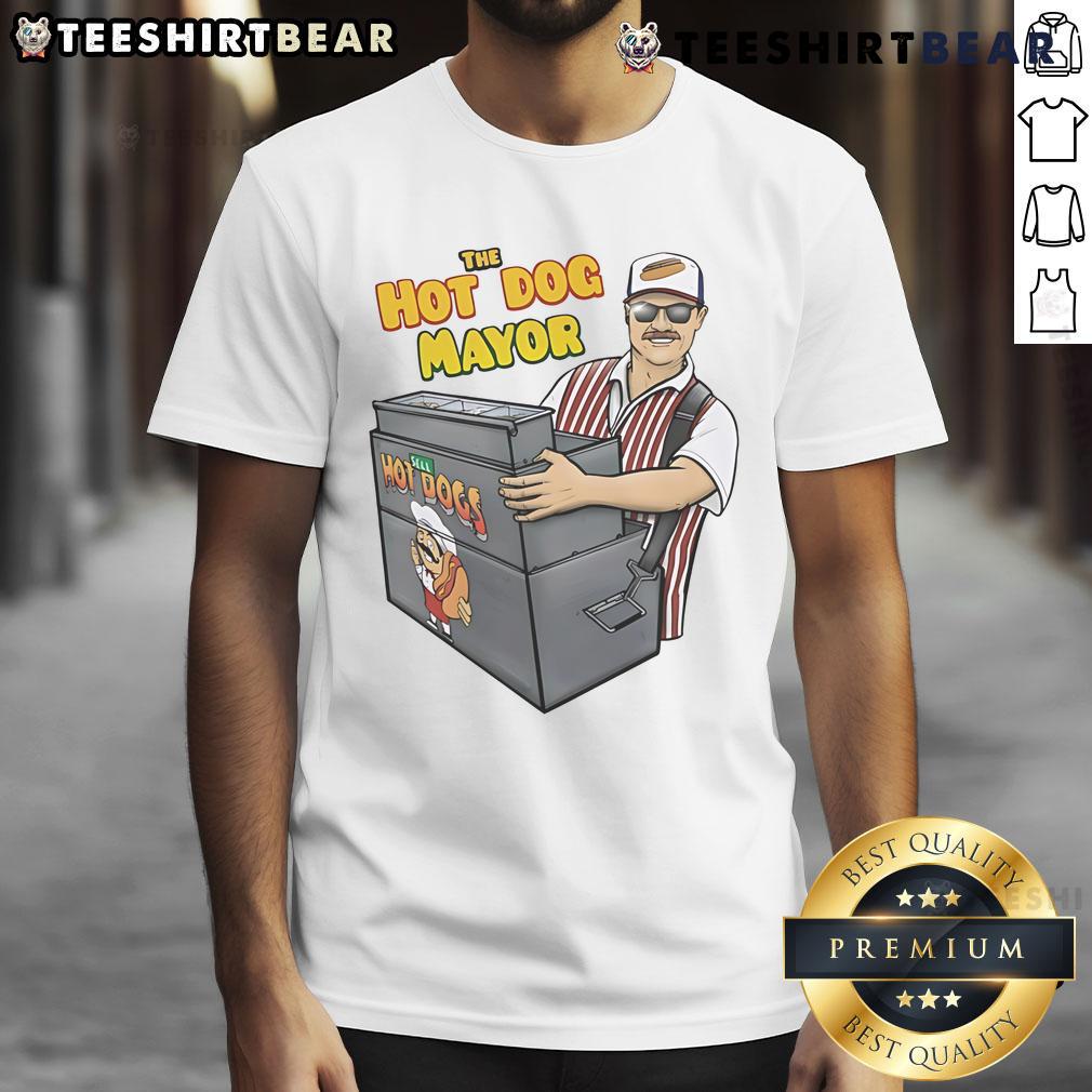 Funny The Hot Dog Mayor T-Shirt featuring a whimsical hot dog character, perfect for food lovers and humor enthusiasts.