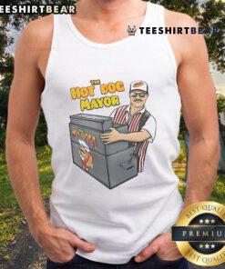 Funny The Hot Dog Mayor tank top featuring a cartoon hot dog character with a mayoral sash in vibrant colors.