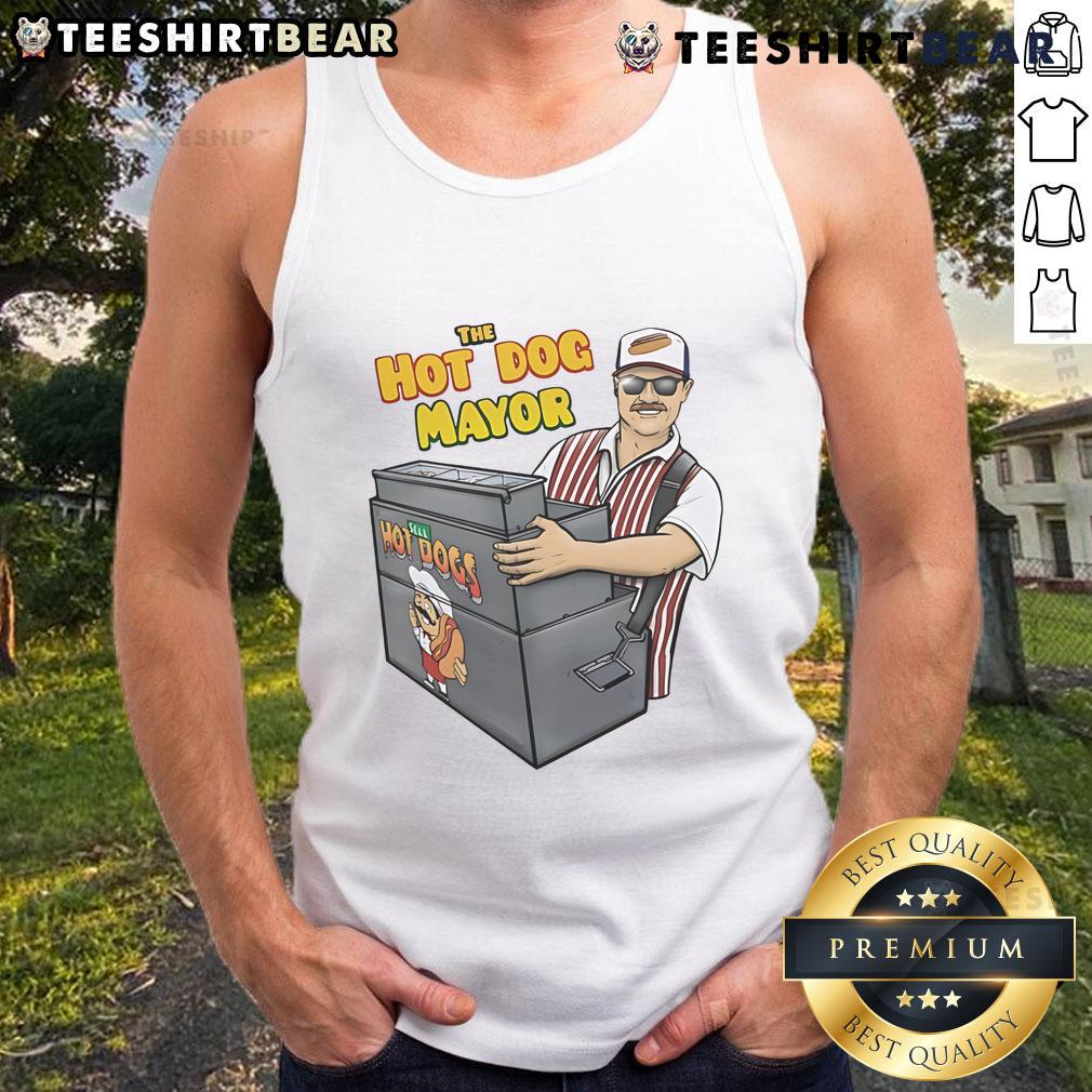 Funny The Hot Dog Mayor tank top featuring a cartoon hot dog character with a mayoral sash in vibrant colors.