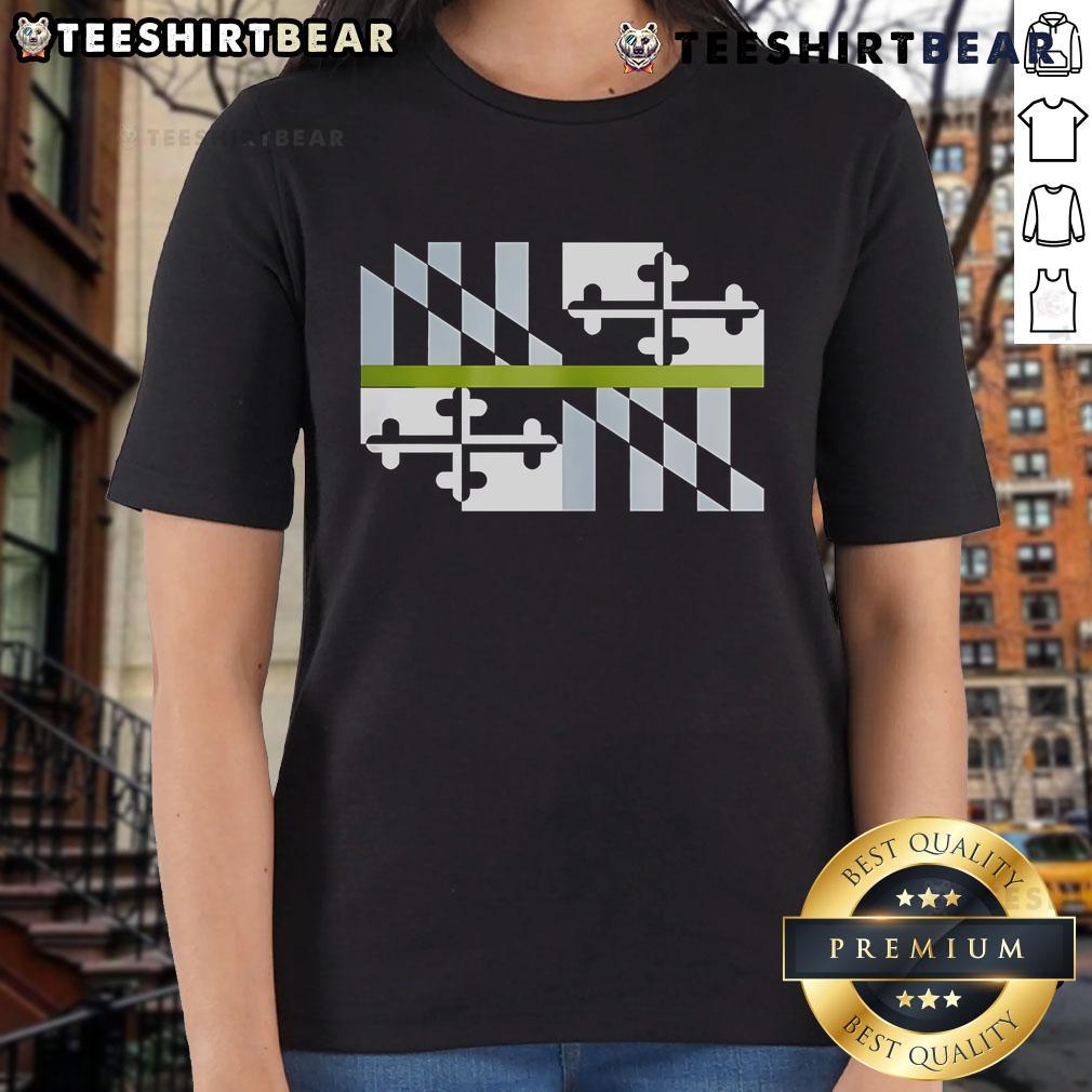 Good Green Line Maryland Flag Ladies Tee featuring a stylish design of the Maryland state flag on a comfortable shirt.