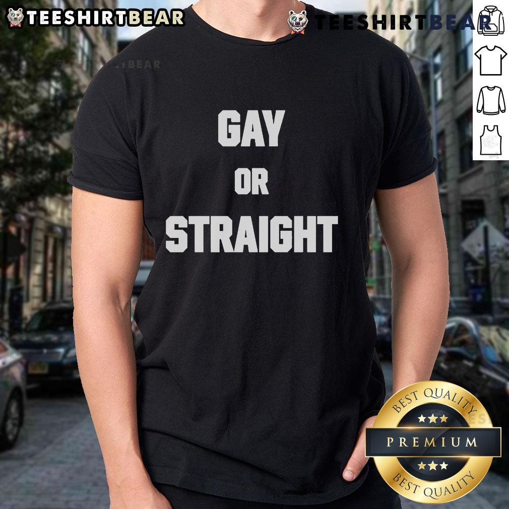 Good Heavenshe Gay Or Straight T-Shirt featuring bold text design for LGBTQ+ pride and fashion.