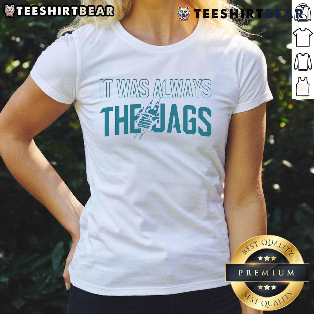 Alt Text: Stylish 'Good It Was Always The Jags' football ladies tee in vibrant colors, perfect for game day and fans.