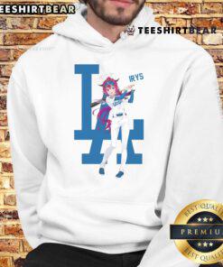 Fan wearing a Hot Los Angeles Dodgers Hololive Night Irys hoodie, showcasing team spirit and unique anime style.