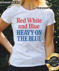 Hot red, white, and blue ladies tee with a focus on blue, perfect for patriotic events and summer outings.