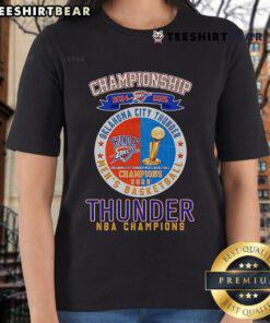 Alt Text: Oklahoma City Thunder NBA Champions 2024-2025 ladies tee featuring team colors and logo, perfect for fans.