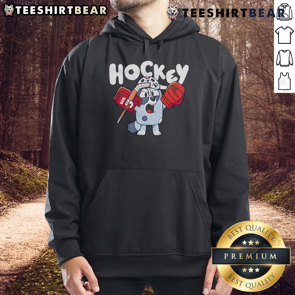 Nice Hockey Bluey Cartoon Hoodie featuring vibrant graphics of Bluey playing hockey, perfect for kids and fans alike.