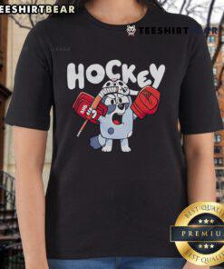 Nice Hockey Bluey cartoon ladies tee featuring vibrant blue graphics and playful design for hockey fans.