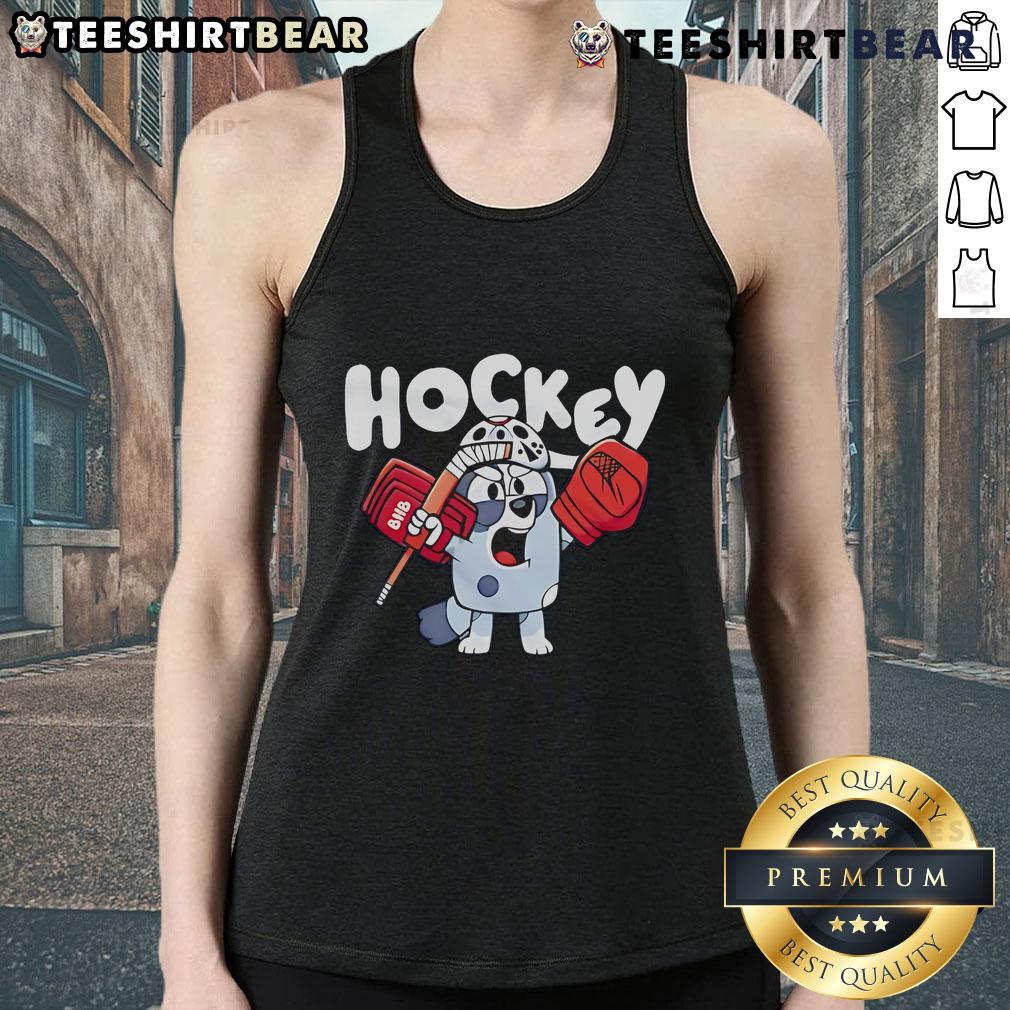Alt Text: Cute bluey cartoon tank top featuring a nice hockey design, perfect for fans and casual wear.