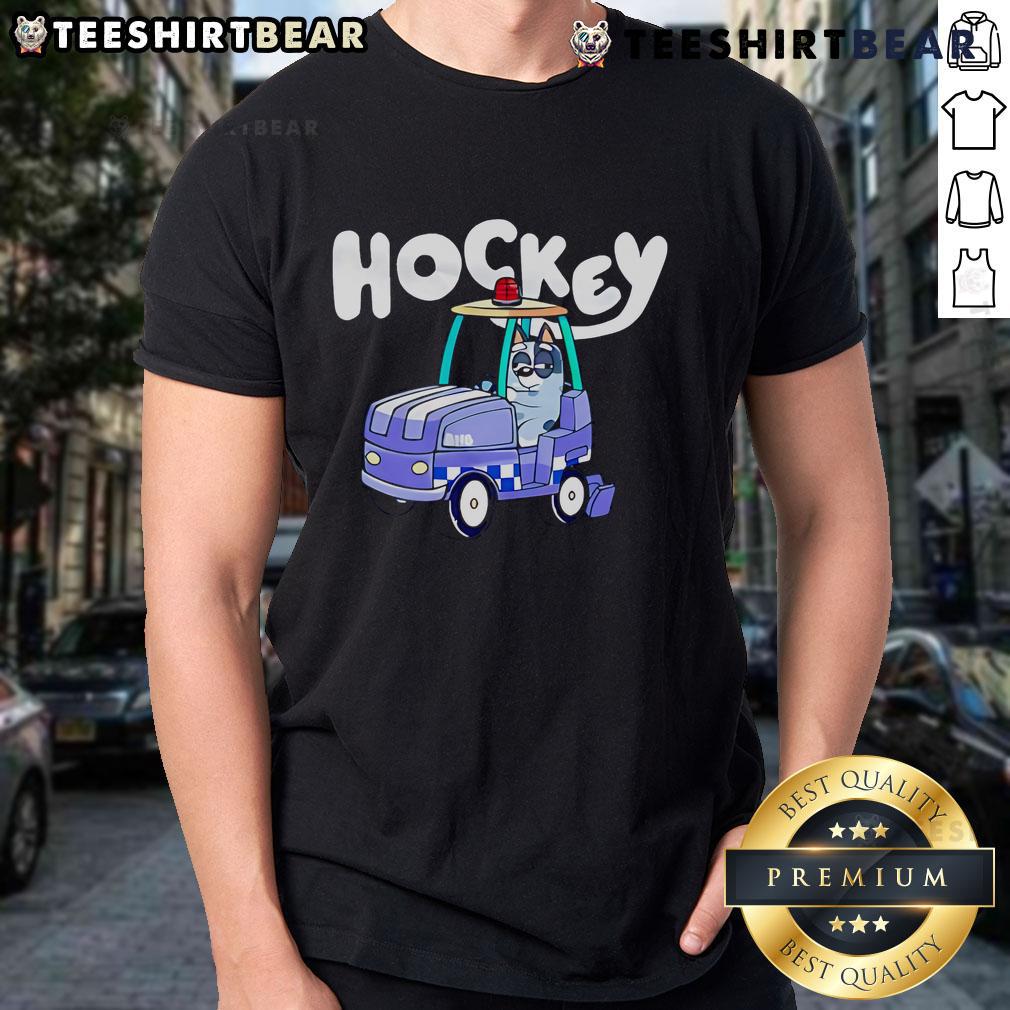 Nice Hockey Bluey Go By Car T-Shirt featuring a playful design with Bluey and a car, perfect for young hockey fans.