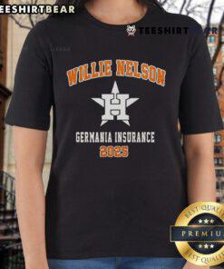 Alt Text: 2025 Germania Insurance Ladies Tee featuring Houston Astros and Willie Nelson X Tour design, perfect for fans.