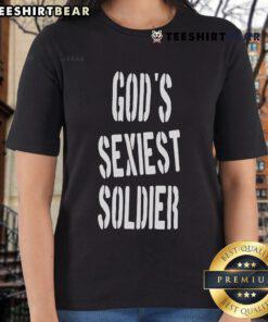 Alt Text: Lizzo confidently wearing the 'God's Sexiest Soldier' ladies tee, showcasing style and empowerment in a vibrant setting.