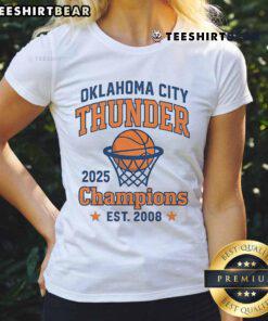 2025 OKC Thunder Champions ladies tee, featuring vibrant team colors and logo, perfect for fans in Oklahoma City.
