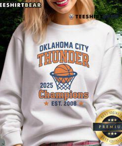 2025 OKC Thunder Champions sweatshirt featuring vibrant team colors and logo, perfect for fans in Oklahoma City.