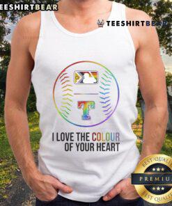 Alt Text: Pride Month 2025 tank top featuring Texas Rangers design and heart graphic, celebrating love and inclusivity.