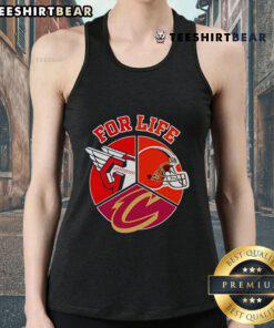 Official Cleveland Guardians, Browns, and Cavaliers For Life tank top featuring team logos and vibrant colors.