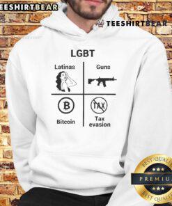 Official LGBT Latinas hoodie featuring gun and Bitcoin tax evasion graphic, perfect for bold fashion statements.