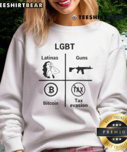 Official LGBT Latinas sweatshirt featuring gun and Bitcoin tax evasion graphic, perfect for bold fashion statements.