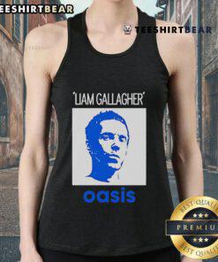 Official Liam Gallagher Oasis portrait on tank top, featuring iconic singer in stylish pose for music fans.