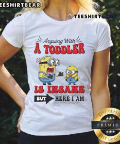 Minion arguing with a toddler in a humorous scene, featured on the Official Minion Ladies Tee design.