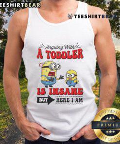 Official Minion tank top featuring a playful scene of a Minion arguing with a toddler, perfect for fun-loving fans.
