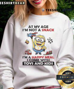 Official Minion sweatshirt for kids: 'I'm Not A Snack, I'm A Happy Meal' featuring fun toys design.