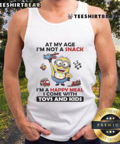 Official Minion tank top for kids with 'I'm Not A Snack, I'm A Happy Meal' design, featuring fun toys and vibrant colors.