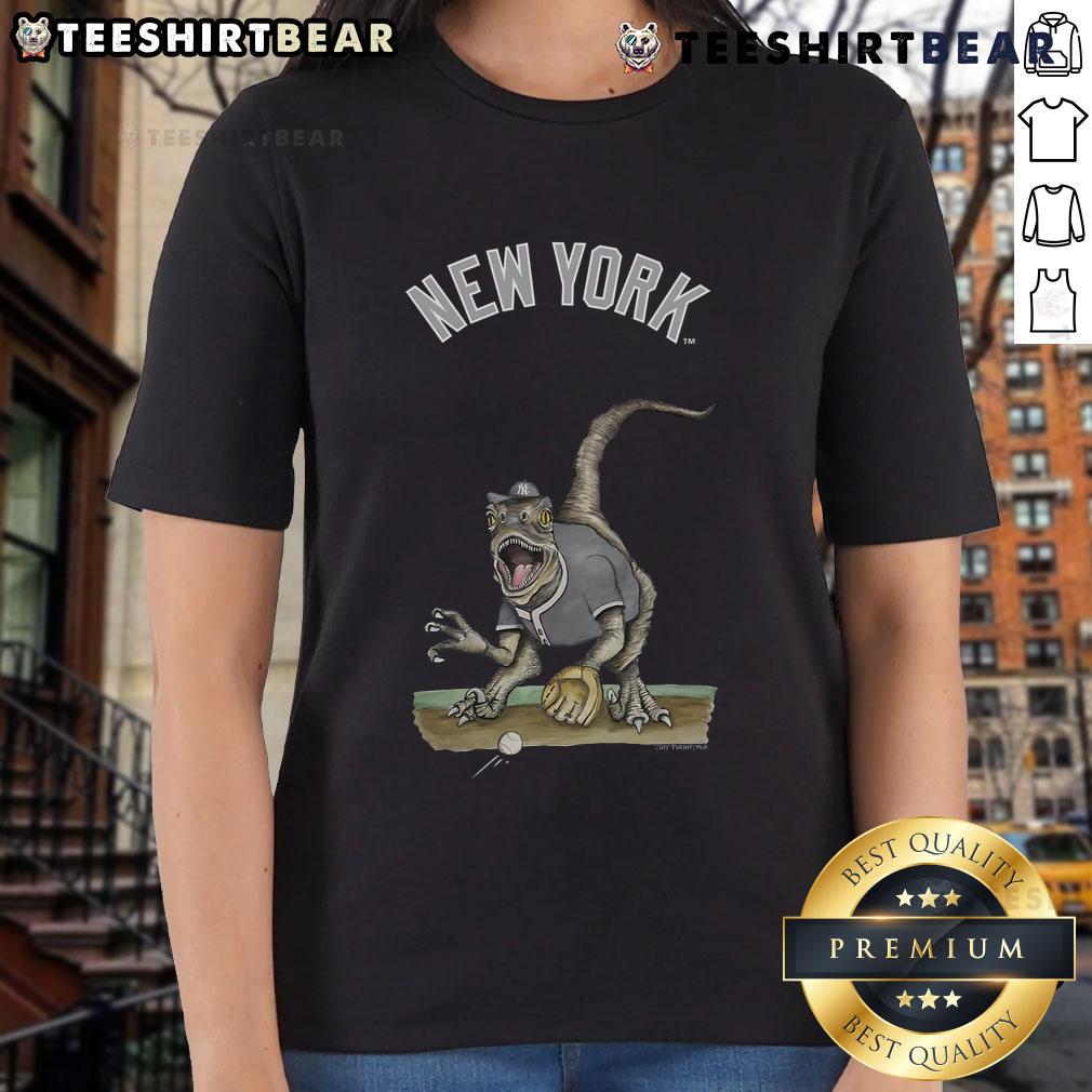 Official New York Yankees Tiny Turnip Velociraptor Ladies Tee featuring a fun dinosaur design for female fans.