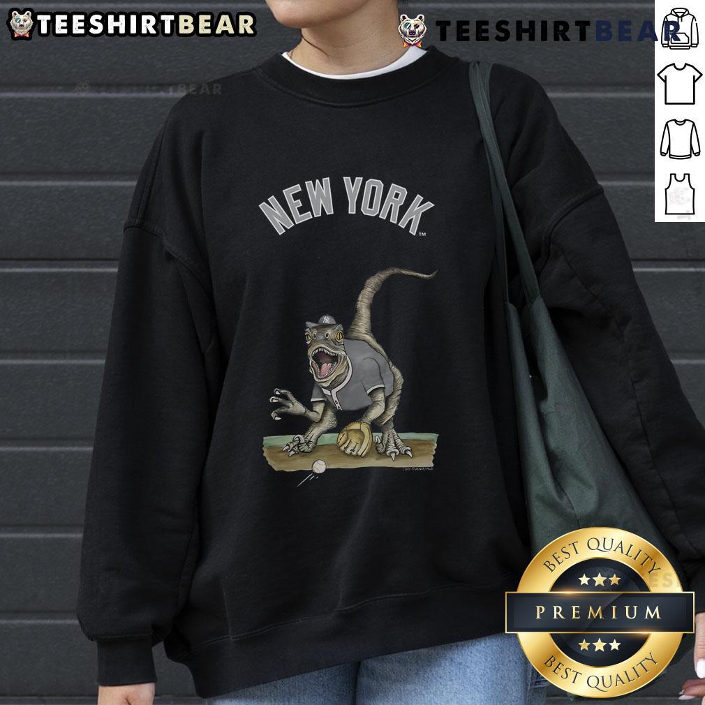 Official New York Yankees Tiny Turnip Velociraptor Sweatshirt featuring a playful dinosaur design and team colors.